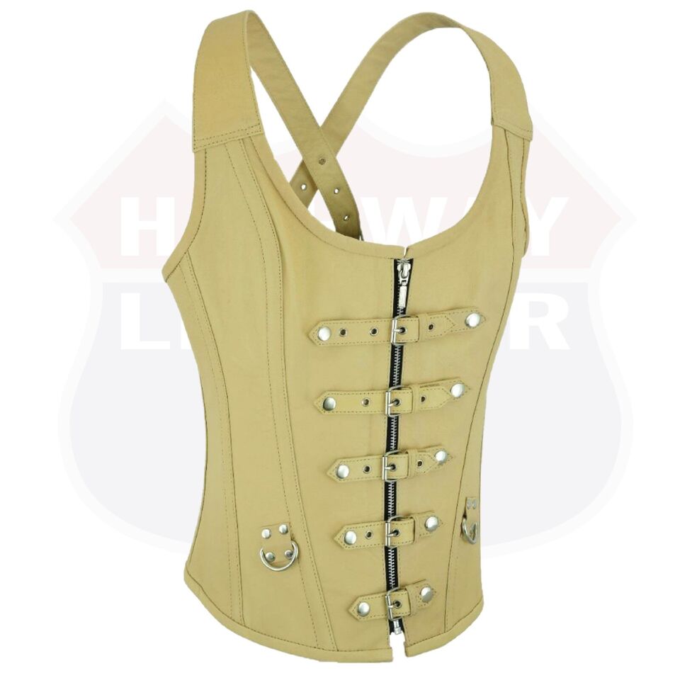 Buffalo Leather Gear tan leather corset vest with steel boning, strap lacing, designed for women, stylish and form-fitting.