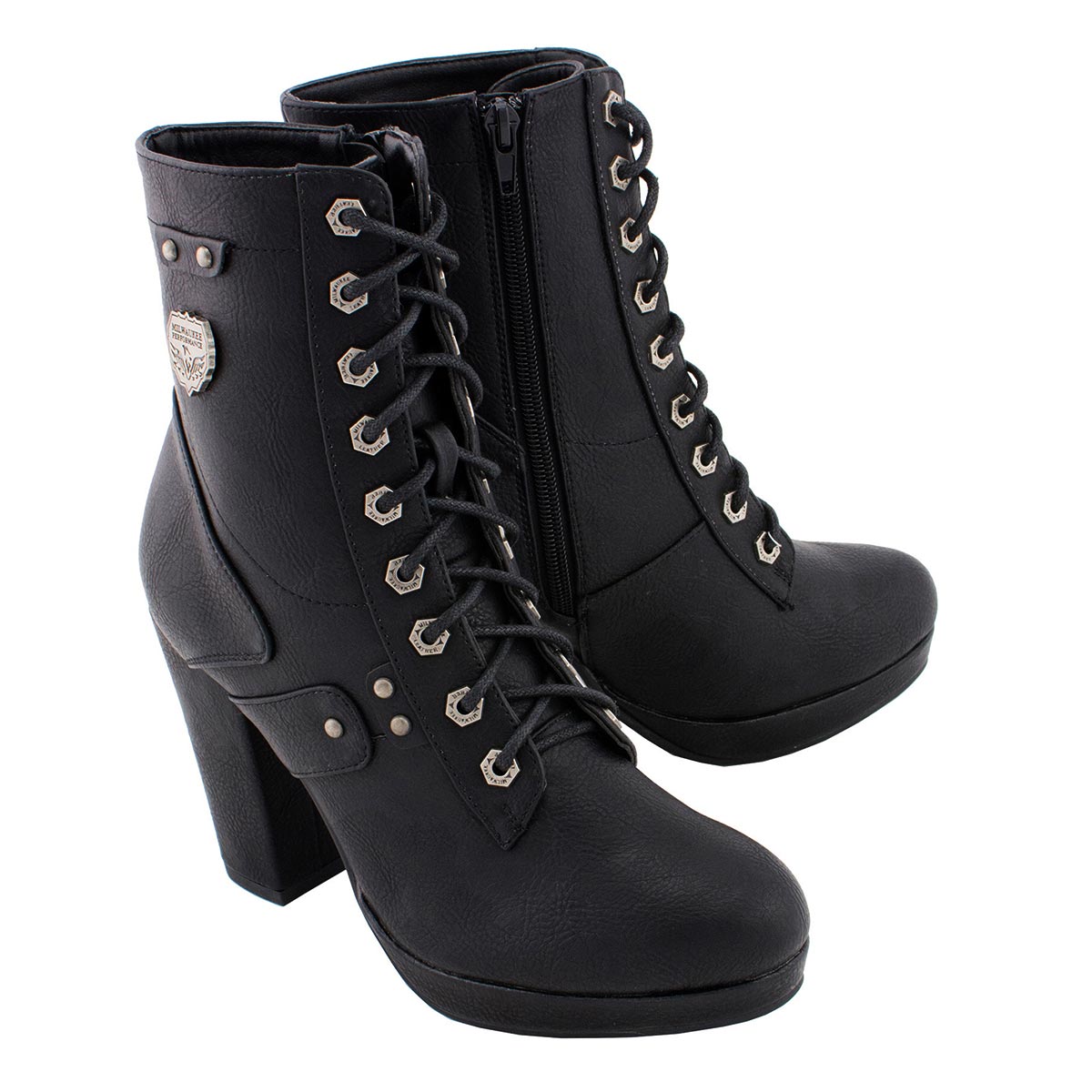 MBL9418 Women's Black Lace-Up Platform Boots with Studded Accents
