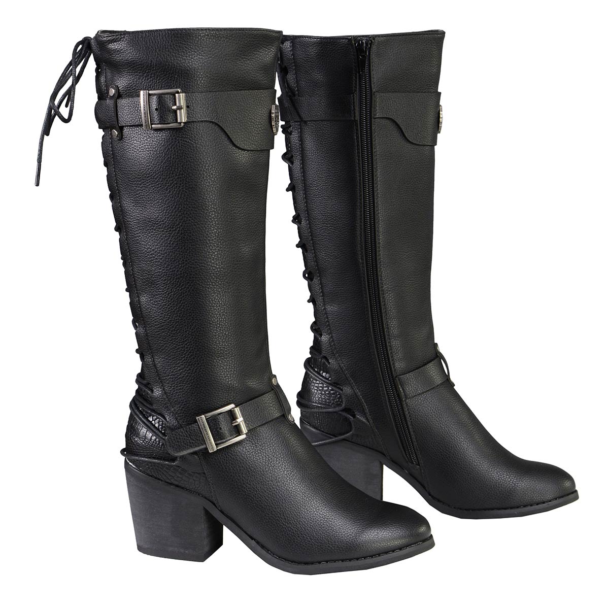 Milwaukee Leather women's tall black riding boots with back laced design, stylish and durable footwear for riding or casual wear.