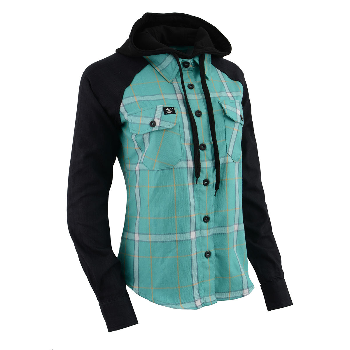 Milwaukee Leather women's black and teal long sleeve cotton flannel shirt with hoodie, casual textile clothing for women.