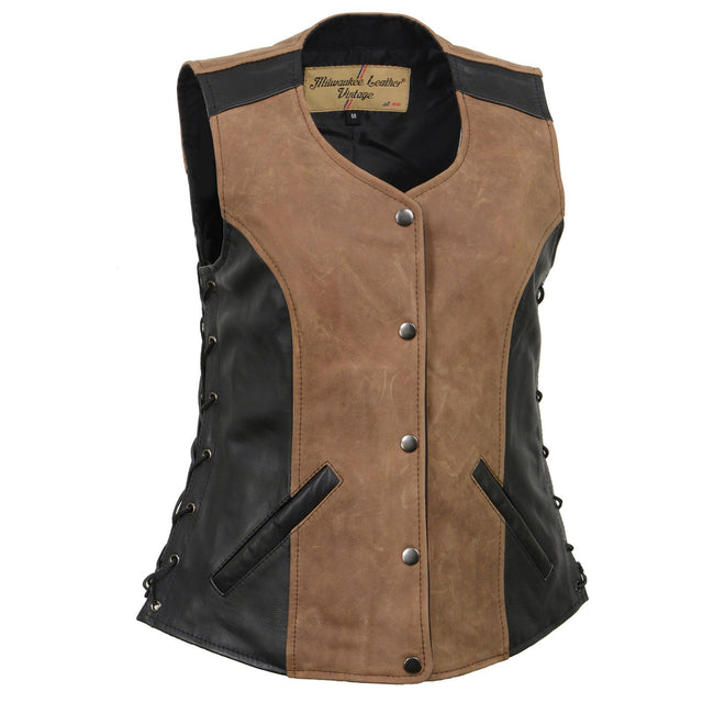 Milwaukee Leather women's Trickster vintage two-tone motorcycle vest in brown and black leather with club style design.