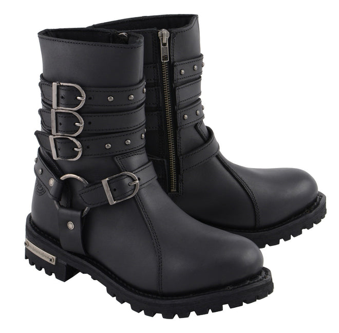 Milwaukee Leather women's black leather biker boots with triple buckles and side zipper, 9-inch height, stylish and durable footwear.