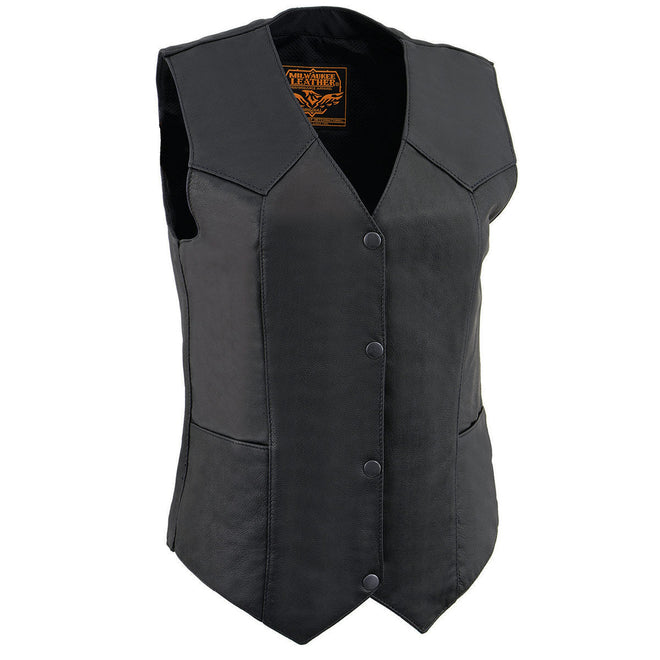Milwaukee Leather women's black naked leather motorcycle vest with V-neck and four snap closures, lightweight and classic style.