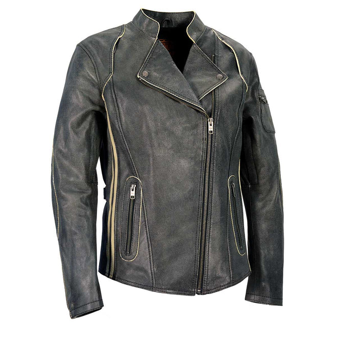 Milwaukee Leather women's vintage cafe racer jacket with racing stripes, lightweight leather design and classic style.