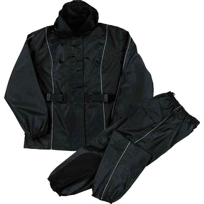 Milwaukee Leather women's black waterproof rain suit with hood, designed for outdoor protection in wet weather.