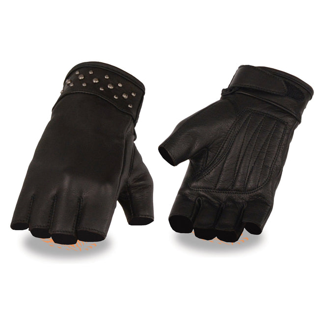 Milwaukee Leather women's black fingerless motorcycle gloves with gel palm and stylish wrist detailing.