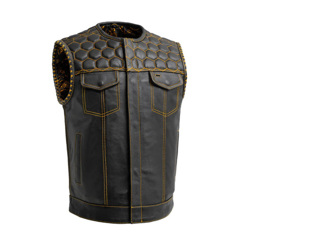 Yellow men's club style leather vest by FIRST MFG, featuring a sleek design and classic fit, shown in the image.