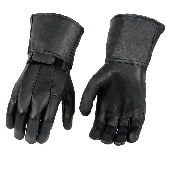 Milwaukee Leather men's deerskin gauntlet motorcycle gloves with adjustable wrist strap and unlined design.