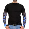 Blue flames design on Hot Leathers ARM1005 flames arm sleeve, showcasing detailed flame artwork on a black fabric sleeve.