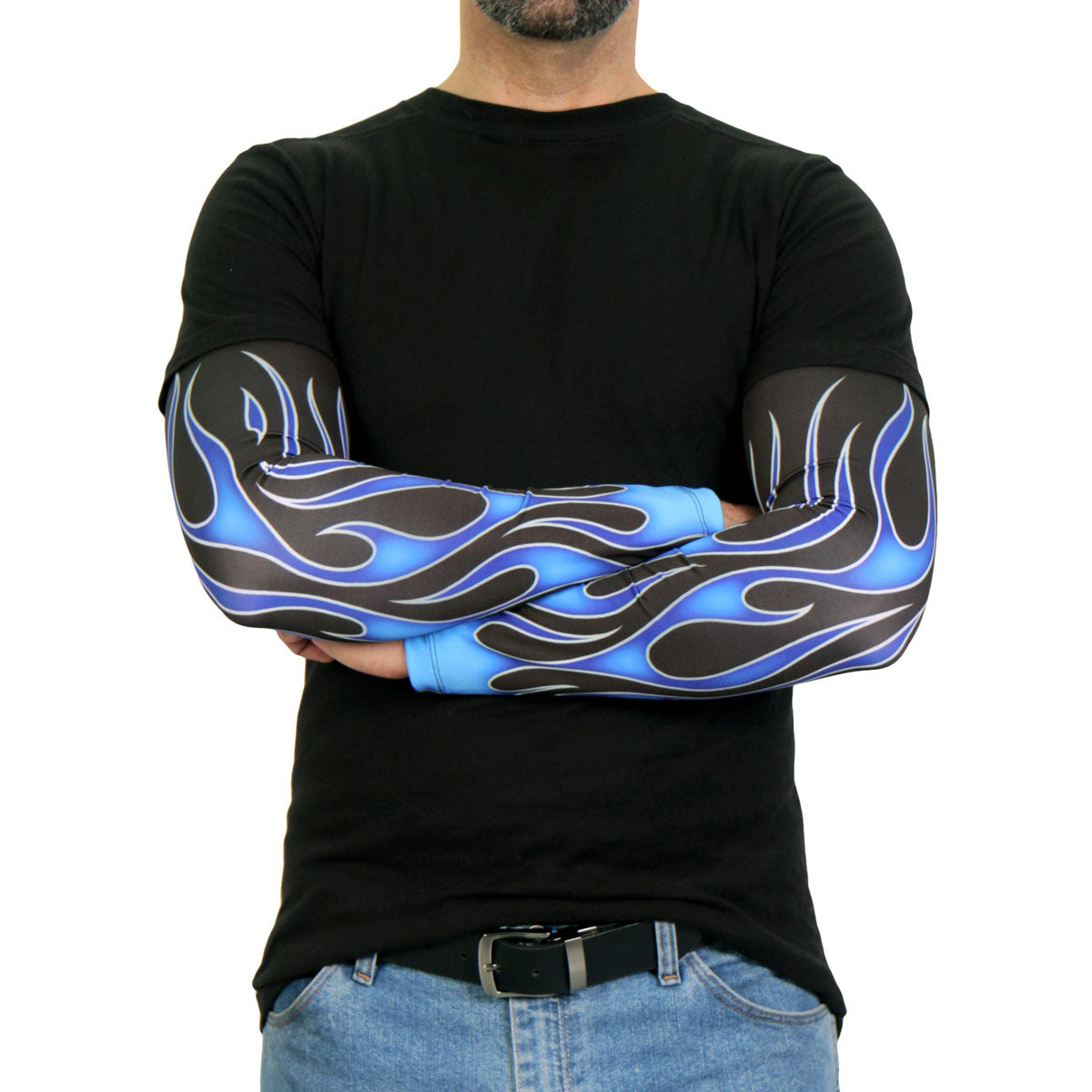 Blue flames design Hot Leathers arm sleeve, motorcycle-inspired black fabric with vivid flame pattern on the sleeves.