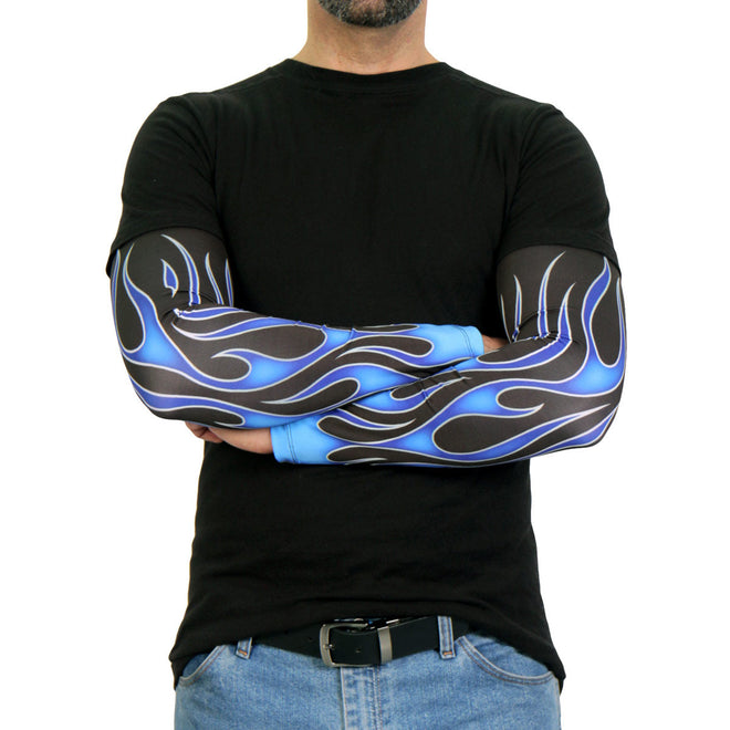 Blue flames design Hot Leathers arm sleeve, motorcycle-inspired black fabric with vivid flame pattern on the sleeves.
