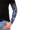 Blue flames design Hot Leathers arm sleeve with black accents, showcasing detailed flame artwork on stretch fabric for motorcycle style.