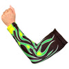 Green flame design Hot Leathers arm sleeve, lightweight and stretchy motorcycle arm accessory with bold flame pattern.