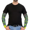 Hot Leathers Flames Green Arm Sleeve showing vibrant flame design on black fabric for motorcycle or casual wear.