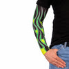Green flame design Hot Leathers ARM1006 arm sleeve with bold flame graphics on black background, stretchy and comfortable for motorcycle riding.