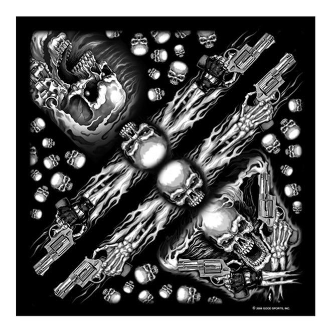 Hot Leathers Assassin bandana featuring bold black and white design, made from lightweight fabric, ideal for motorcycle enthusiasts.