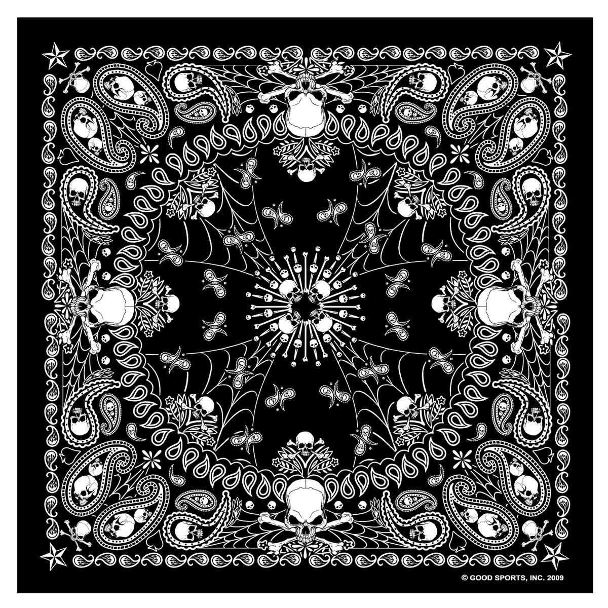 Black paisley skull bandana by Hot Leathers featuring bold, intricate paisley and skull design on soft fabric.