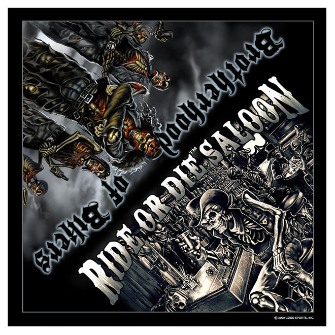 Red and black Hot Leathers Ride Or Die saloon bandana with western pattern, made of soft fabric.