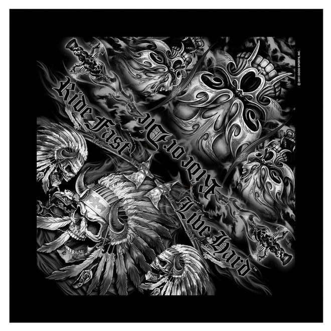 Hot Leathers Indian Skull Ride Fast Live Hard bandana featuring a bold skull design on soft fabric, perfect for motorcycle enthusiasts.