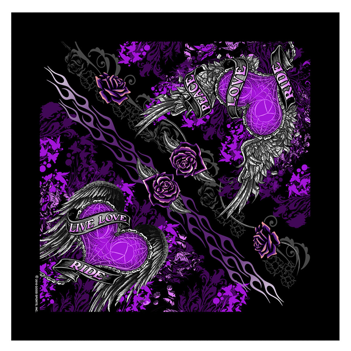 Hot Leathers Ladies Banner Heart Live Love Ride bandana featuring a colorful heart and motorcycle-themed design.