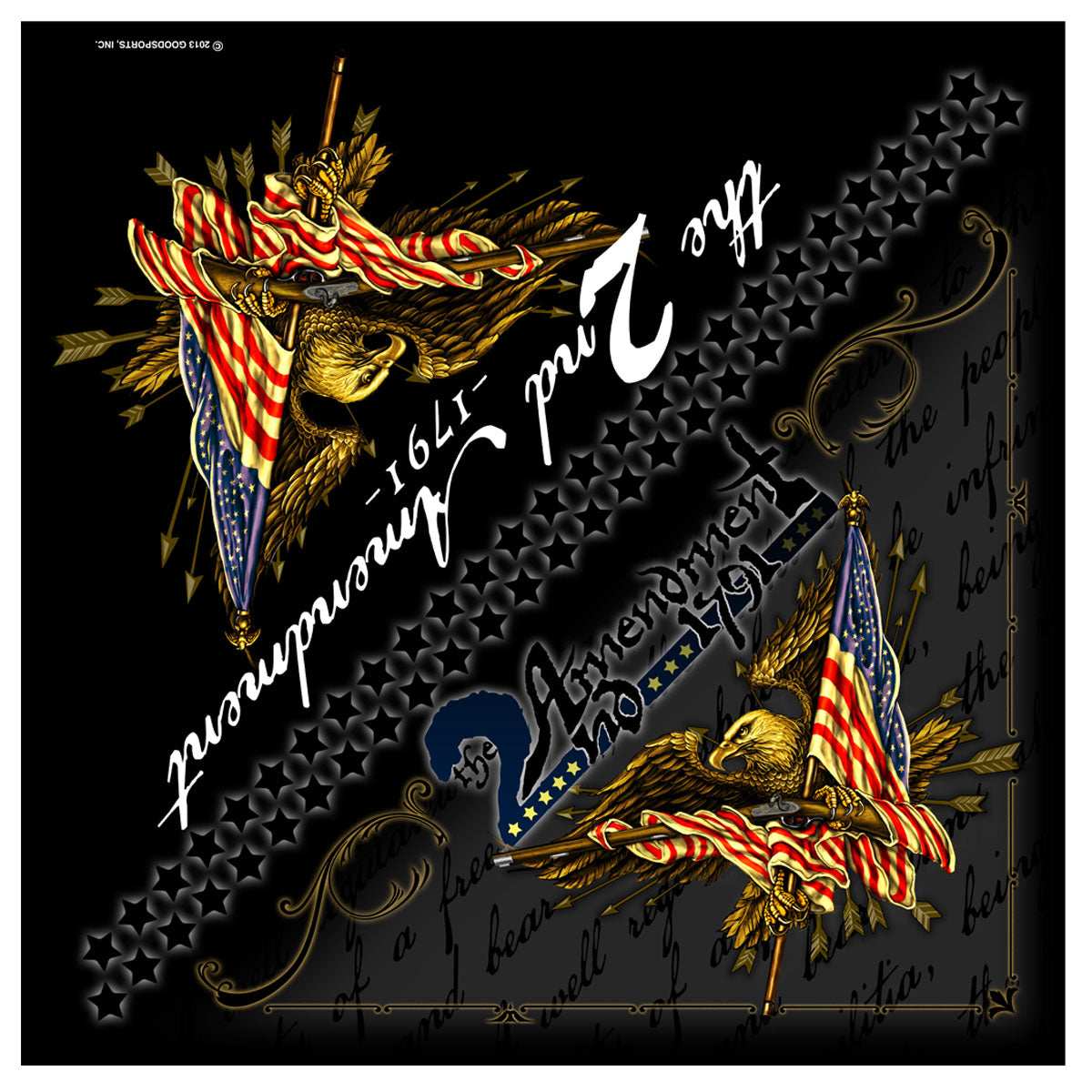 Hot Leathers 2nd Amendment bandana featuring patriotic firearm-themed design, made of soft fabric for versatile wear.