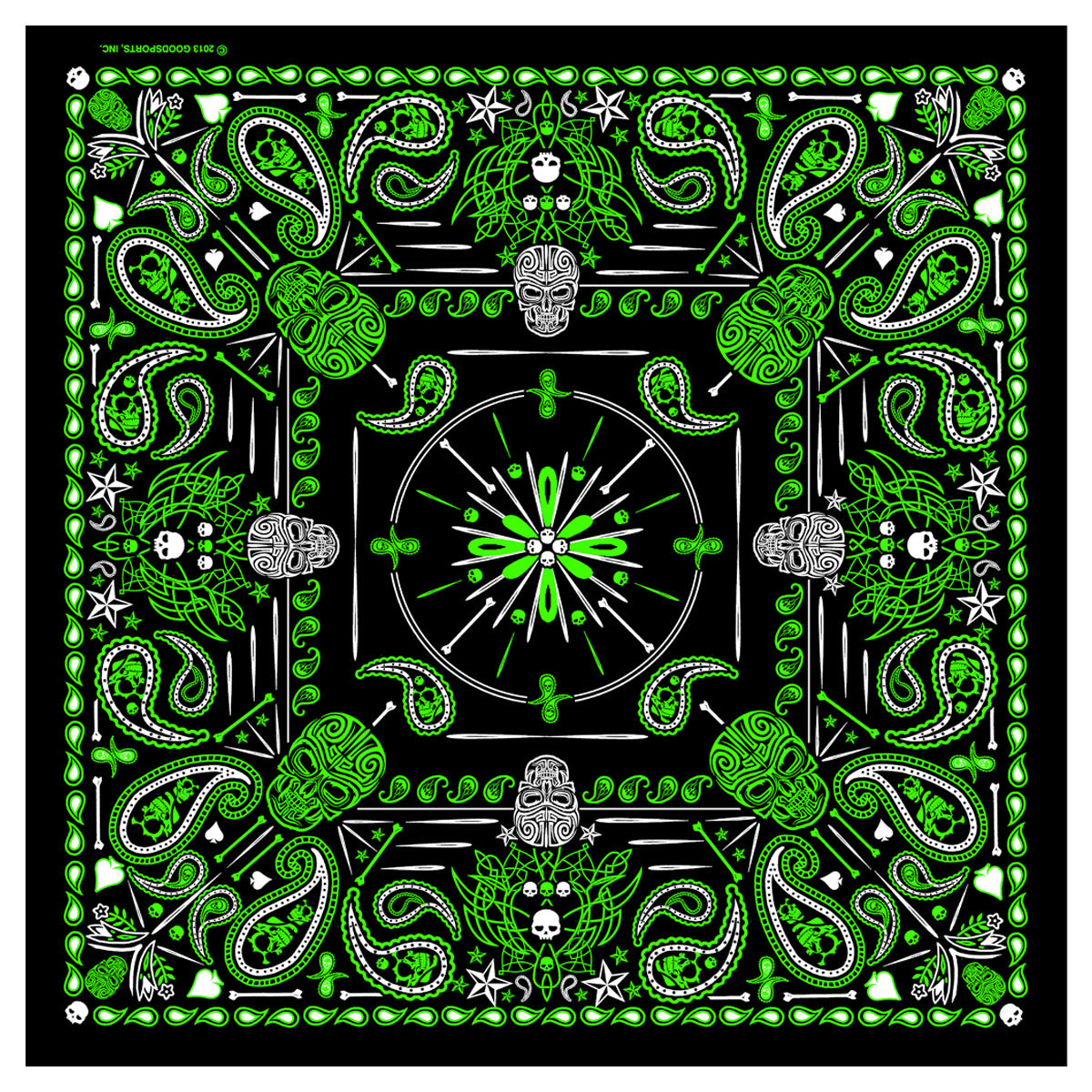Green paisley skull bandana by Hot Leathers featuring bold skull and paisley pattern, ideal for motorcycle and casual wear.