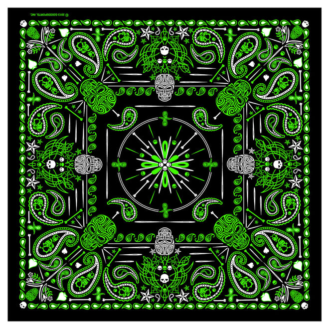 Green paisley skull bandana by Hot Leathers featuring bold skull and paisley pattern, ideal for motorcycle and casual wear.