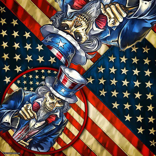 Red, white, and blue Uncle Sam bandana by Hot Leathers featuring patriotic star and stripe design, folded to showcase pattern.