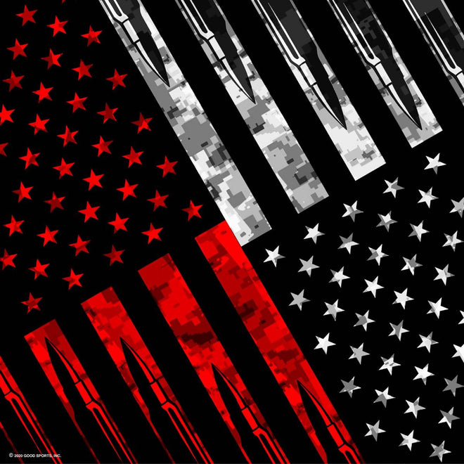 Hot Leathers Bullet Flag bandana with patriotic bullet design, featuring vibrant colors and classic square shape.