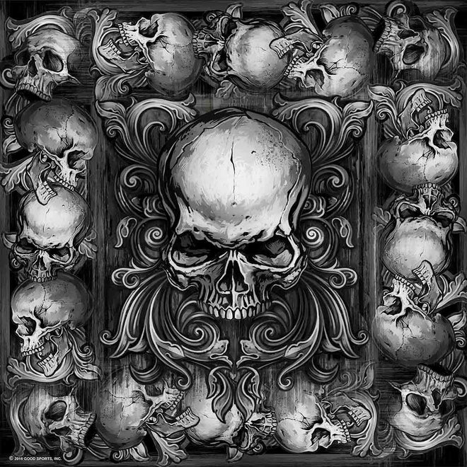 Hot Leathers skulls bandana worn over the shoulder, featuring a bold skull design, casual accessory for bikers and rock fans.