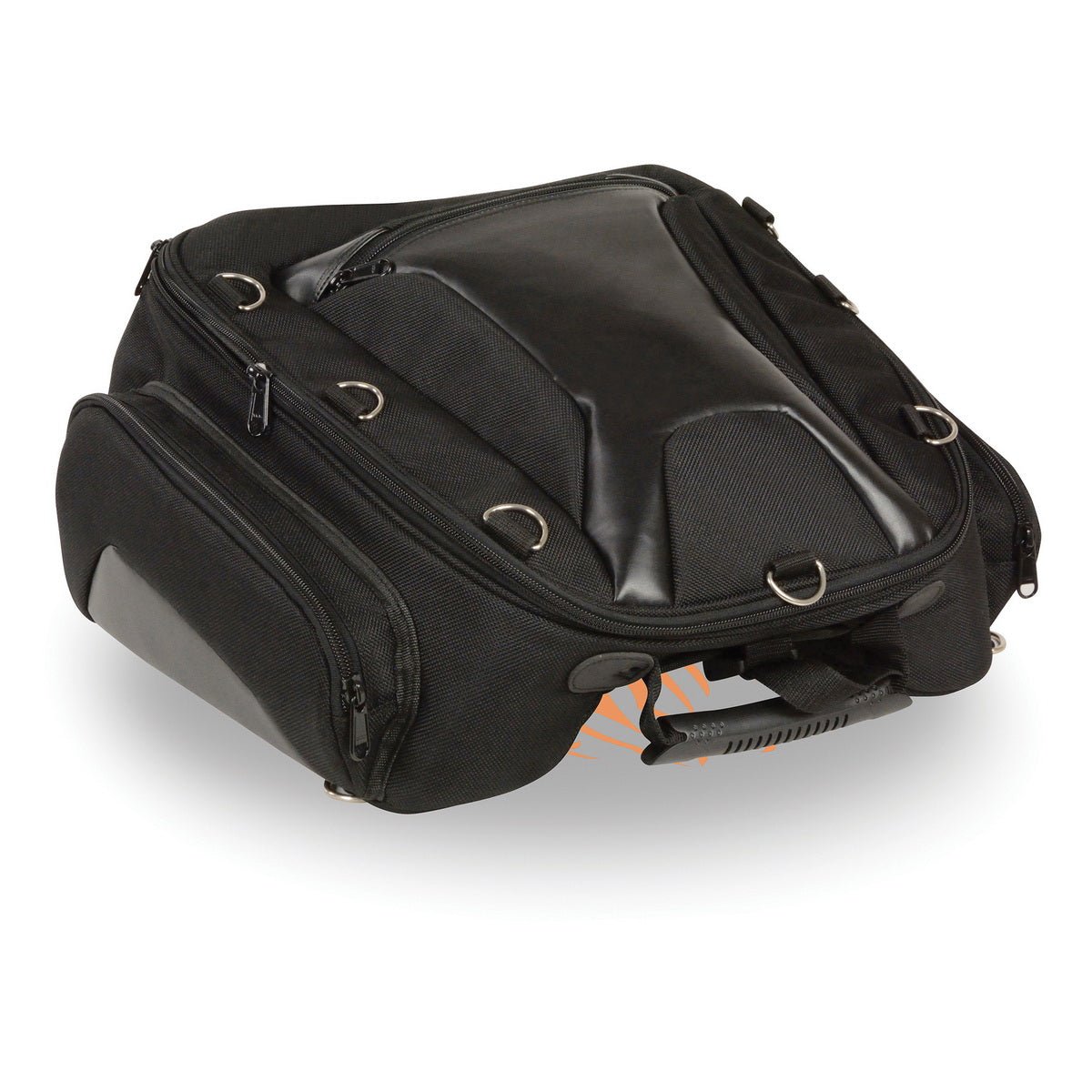 Milwaukee Leather MP8105 black textile motorcycle back rack sissy bar bag with four outer pockets, designed for bikers.