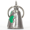 Hot Leathers Green Clover Silver Bell, decorative metal bell with green clover design and silver finish, hanging from a leather strap.