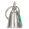 Silver bell with green clover design from Hot Leathers, showcasing detailed craftsmanship on a decorative belt accessory.