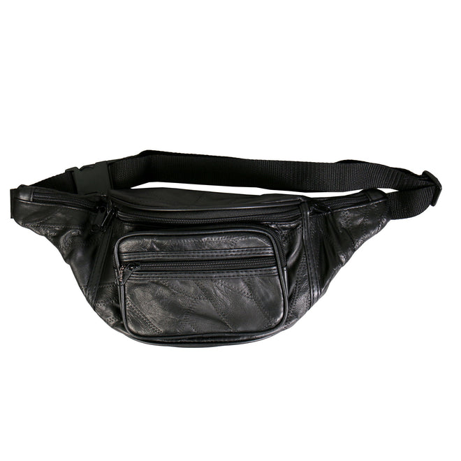 Hot Leathers BGA1008 patchwork leather belly bag with adjustable strap, designed for clip, thigh, fan, and bag wear styles.