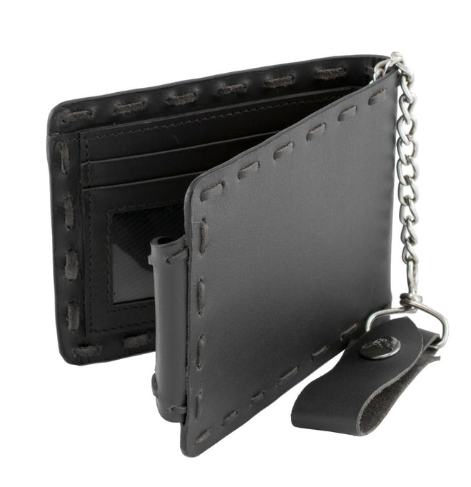 Milwaukee Leather black leather biker wallet with whip stitch details and steel chain, designed for men.