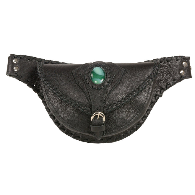 Milwaukee Leather women's black braided leather hip belt bag with clip and thigh strap for stylish, functional wear.