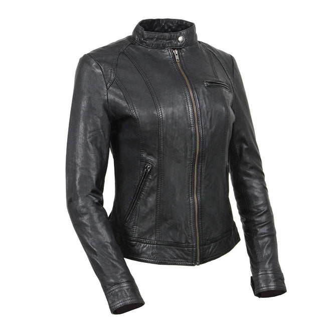 Milwaukee Leather women's black zipper front motorcycle jacket, casual fashion leather outerwear with stylish design and quilted details.