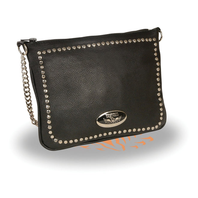 Milwaukee Leather Women's black shoulder bag with chain strap and riveted detailing, stylish and functional for everyday use.