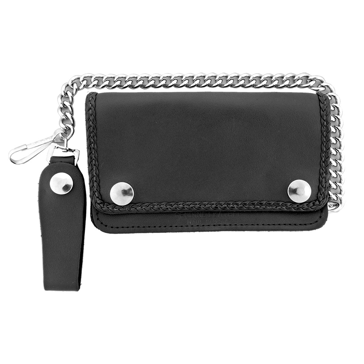 Black Hot Leathers WLC1002 5-pocket bi-fold leather wallet with braided detail and chain attachment.