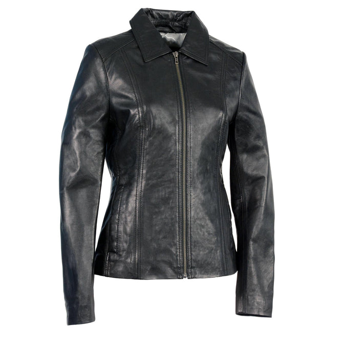 Milwaukee Leather women's black motorcycle-style leather jacket with zip closure and shirt collar, fashionable and durable.