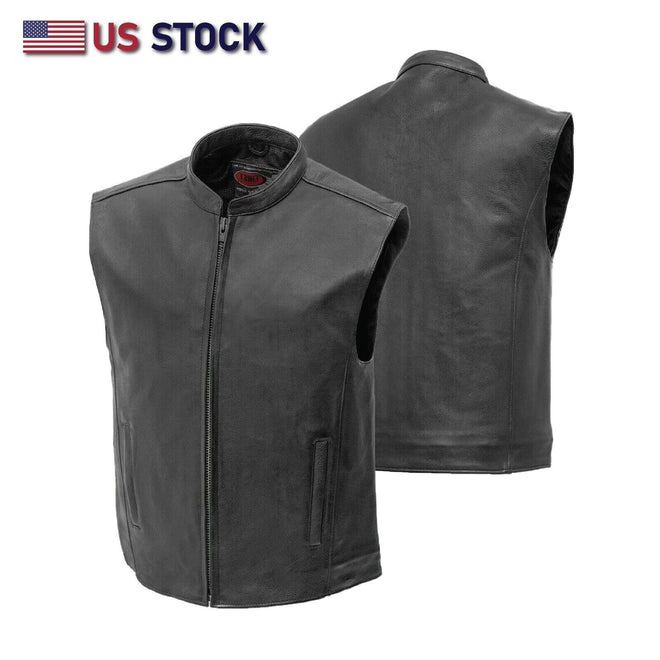 Black men's zippered touring vest with collar by Buffalo Leather Gear, featuring a sleek design and front zipper closure.