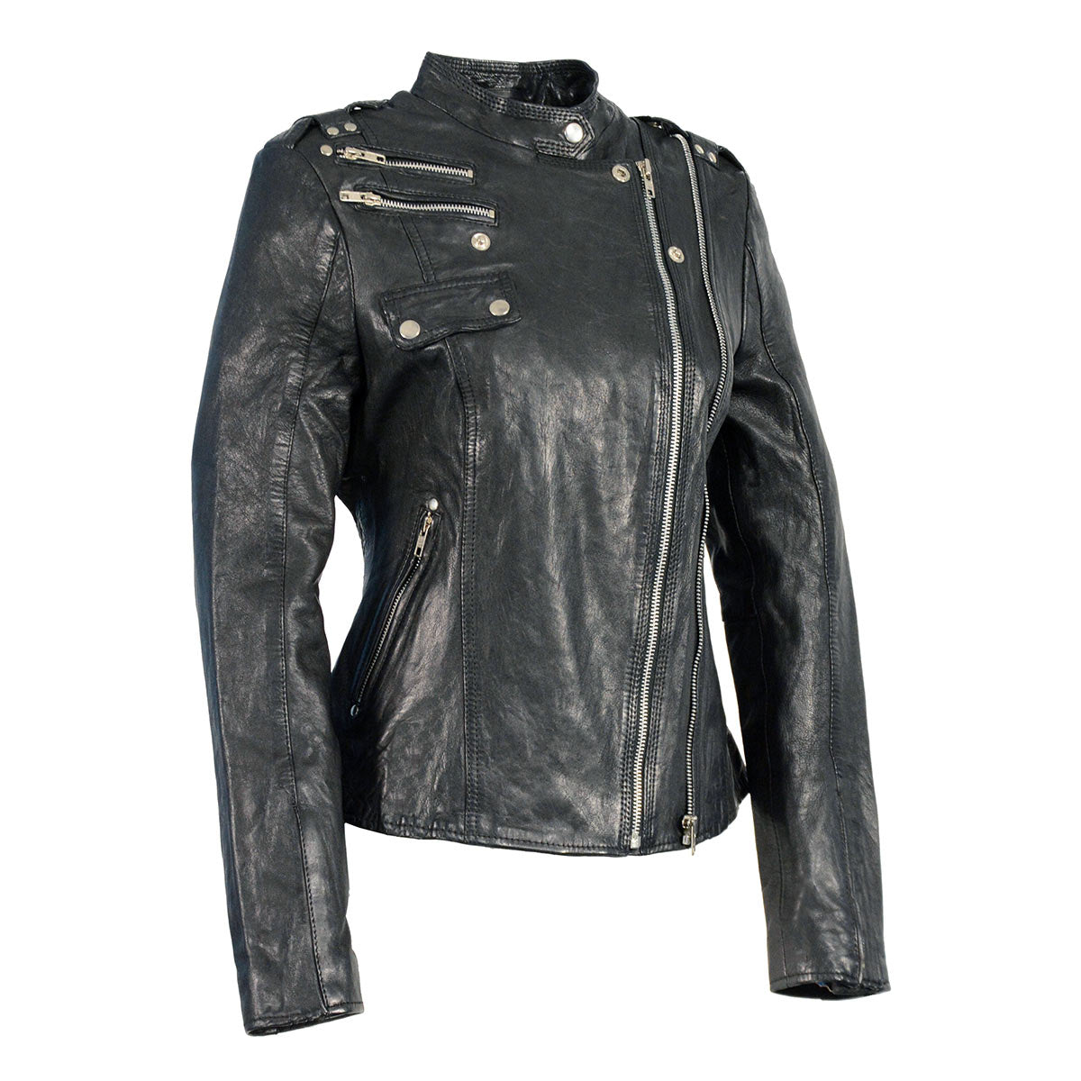 Milwaukee Leather women's black motorcycle-style fashion jacket with asymmetrical zipper, showcasing a sleek leather design.
