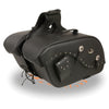 Milwaukee Leather black PVC large cruiser style riveted throw-over saddlebags for bikers, with a spacious design and rugged rivet details.