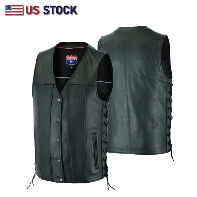 Black Straight-Bottom Leather Vest with Utility Pocket | HL2611NKD