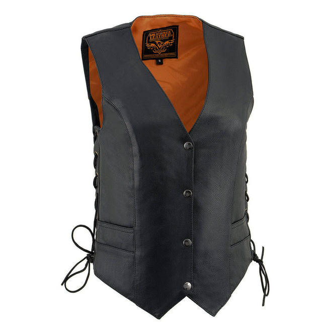 Milwaukee Leather women's black naked leather motorcycle rider vest with side laces and snap closure, featuring Milwaukee logo details.