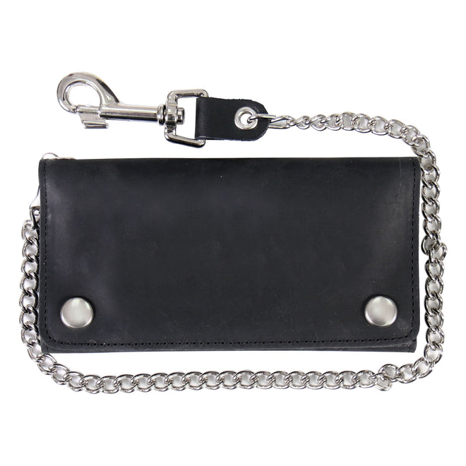 Black Naked Leather Tri-Fold Wallet with Chain from Hot Leathers, featuring a sleek design and secure chain attachment.