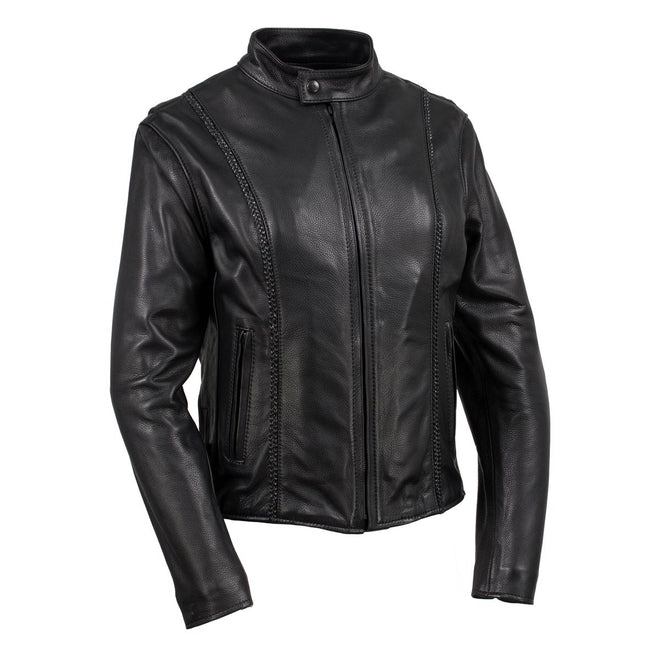 Black Hot Leathers Women's Pristine motorcycle leather jacket featuring premium USA-made leather and stylish design.