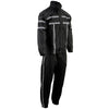 Milwaukee Leather men's black water-resistant rain suit with reflective tape, including jacket and pants, suitable for outdoor protection