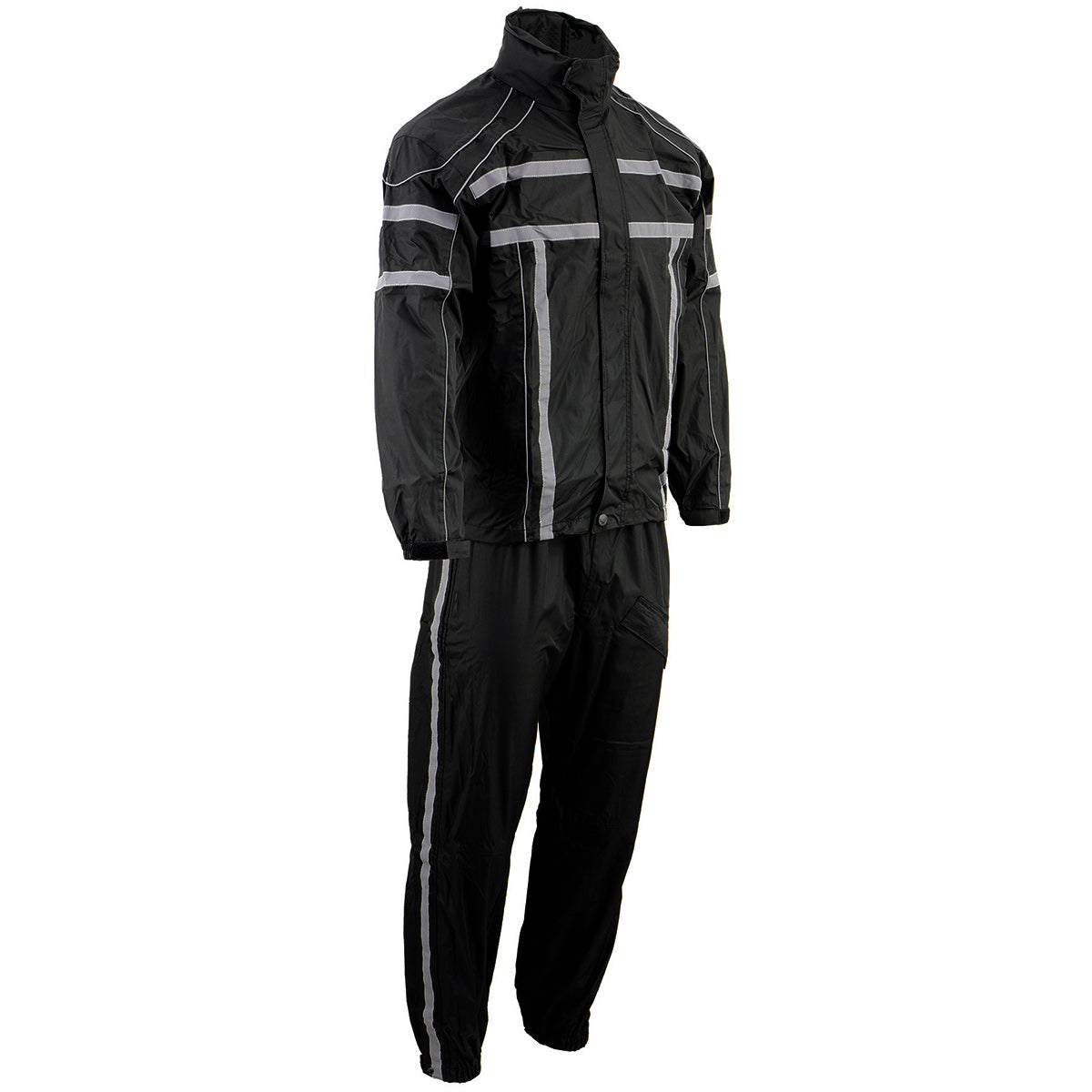 Milwaukee Leather men's black water-resistant rain suit with reflective tape, including jacket and pants, suitable for outdoor protection