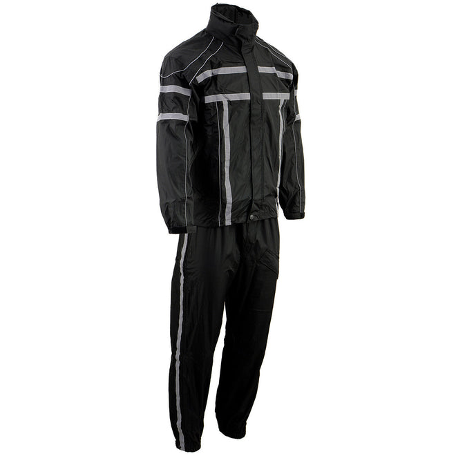 Milwaukee Leather men's black water-resistant rain suit with reflective tape, including jacket and pants, suitable for outdoor protection